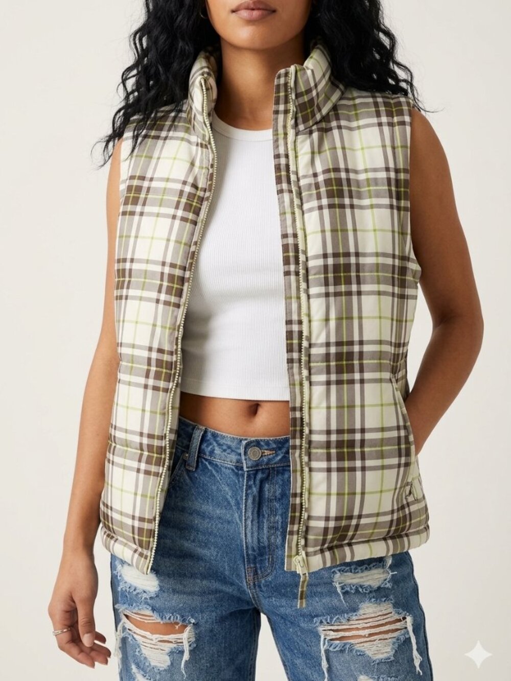 Jane Ashley Brown, White, Green Plaid Puffer Vest Quilted Jacket Medium
